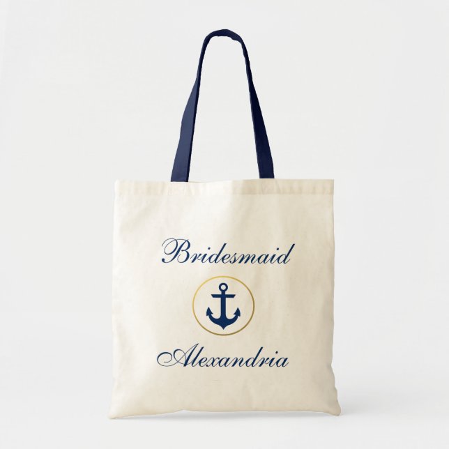 Nautical Wedding Navy Blue Gold Bridesmaid Tote Bag (Front)