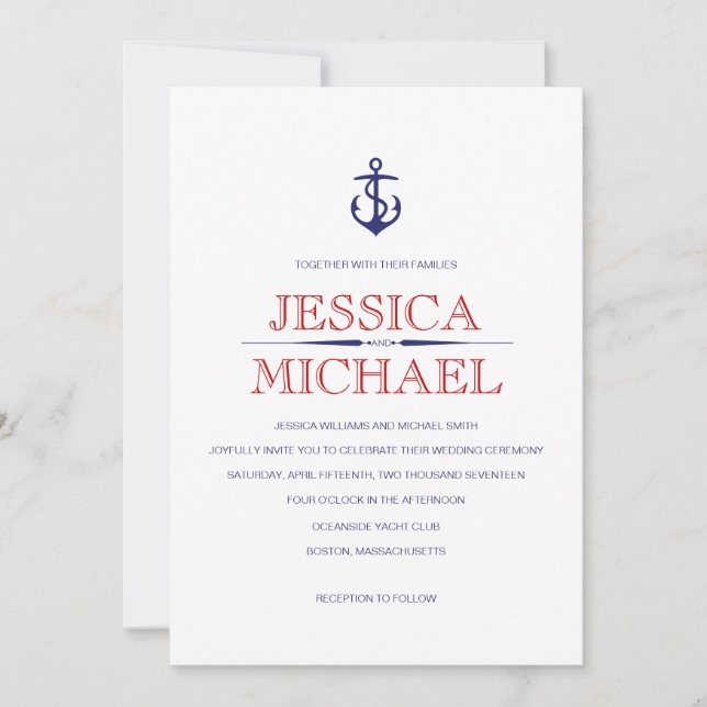 Nautical Wedding Navy Blue Nautical Red Stripes Invitation (Front)