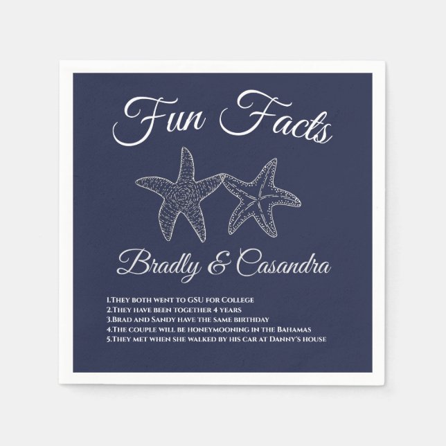 Nautical Wedding Navy Blue Starfish Fun Facts Napkin (Front)