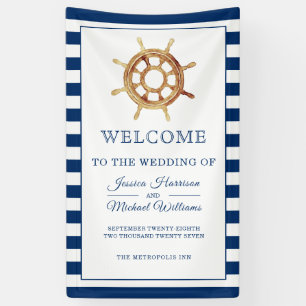 Nautical Wedding Navy Watercolor Steering Wheel Banner