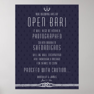 Nautical Wedding Open Bar Sign 18x24 Blue Anchors