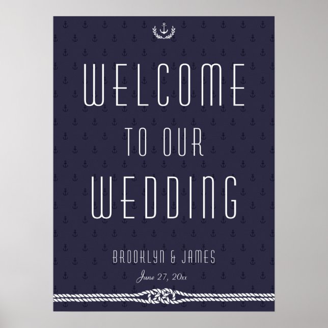Nautical Wedding Reception Sign 18x24 Blue Anchors (Front)