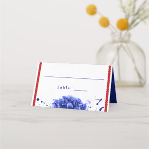 Nautical Wedding Red Blue Hydrangea Paint Drip Place Card