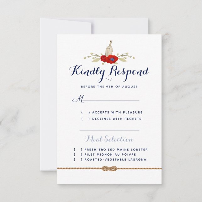 Nautical Wedding Red, White, & Blue Semi-Formal RSVP Card (Front)