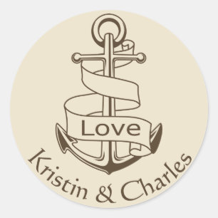 Nautical Wedding Ship Anchor Tan Brown Love Classic Round Sticker