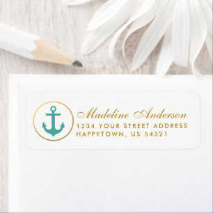 Nautical Wedding Teal Anchor Return Address Gold