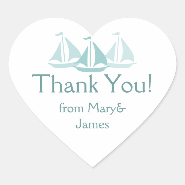 Nautical Wedding Thank You Blue Boats Heart Sticker (Front)