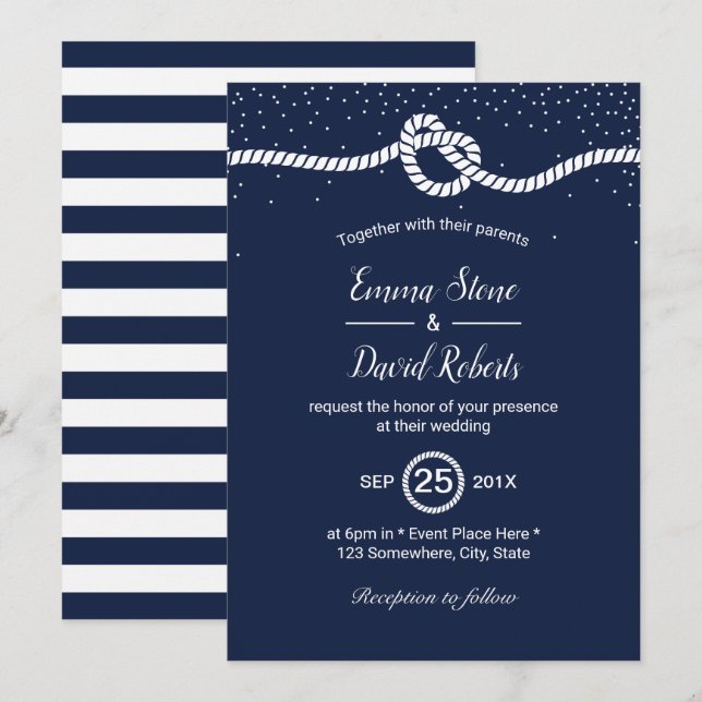 Nautical Wedding Tying the Knot Heart Navy Blue Invitation (Front/Back)