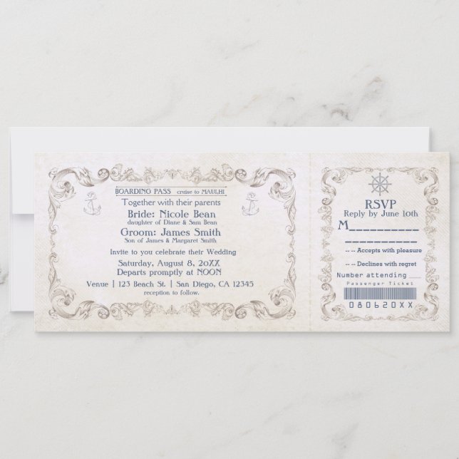Nautical Wedding Vintage Cruise Ticket Invitation (Front)