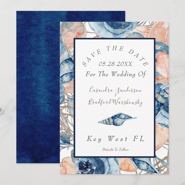Nautical Wedding Watercolor Sea Shells Roses Invitation (Front/Back)