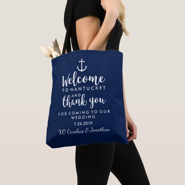 Nautical Wedding Welcome Thank You Hotel Custom Tote Bag (Close Up)