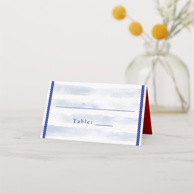 Nautical Wedding White Blue Watercolor Striped Place Card (Front)