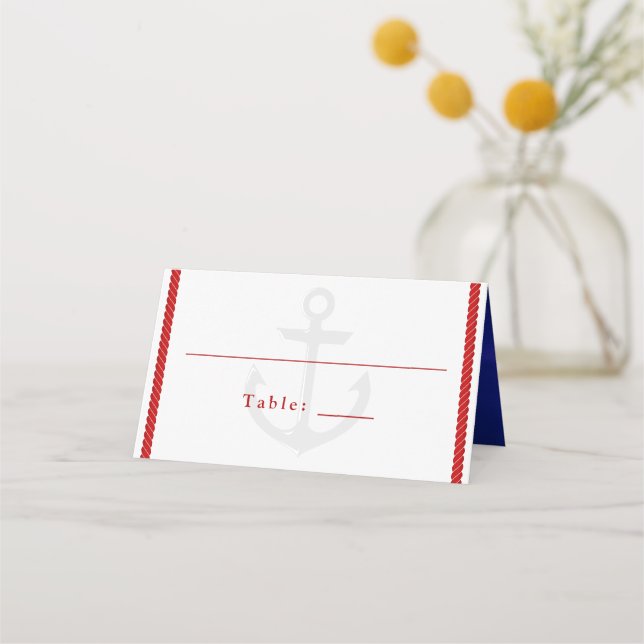 Nautical Wedding White Red Blue Rope Anchor Place Card (Front)