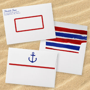 Nautical Wedding White Red Blue Watercolor Striped Envelope