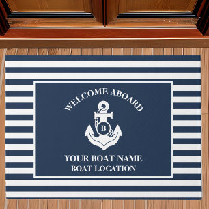 Nautical Welcome Aboard Anchor Navy Blue Striped Doormat