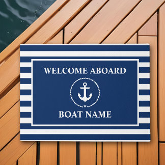 Nautical Welcome Aboard Anchor Rope Blue Striped Doormat