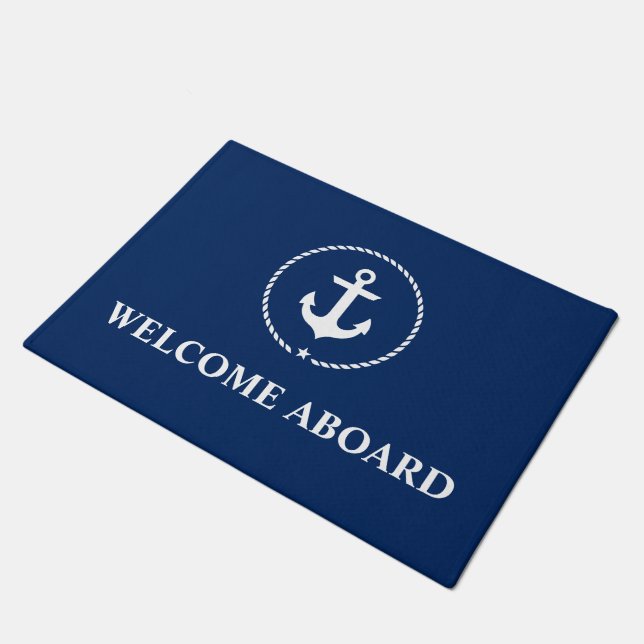 Nautical Welcome Aboard Anchor Rope Navy Blue Doormat (Angled)
