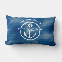 Nautical Welcome Aboard Boat Name Anchor Navy Blue Lumbar Cushion