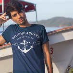 Nautical Welcome Aboard Boat Name Anchor Navy T-Shirt<br><div class="desc">Welcome aboard your vessel with this custom Nautical Welcome Aboard Boat Name Anchor Navy T-Shirt! Designed with a classic navy blue background and a prominent boat anchor, this doormat is perfect to wear to your lake or coastal home, or boat. This t shirt can be customised with your boat name,...</div>