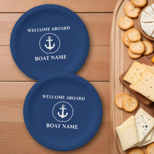 Nautical Welcome Aboard Boat Name Anchor Rope Blue Paper Plate