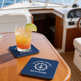Nautical Welcome Aboard Boat Name Anchor Rope Helm Coaster
