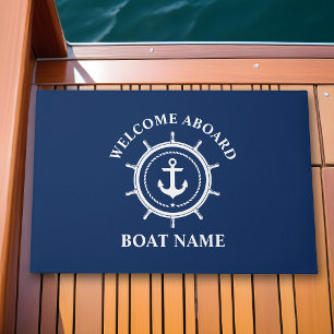 Nautical Welcome Aboard Boat Name Anchor Rope Helm Doormat