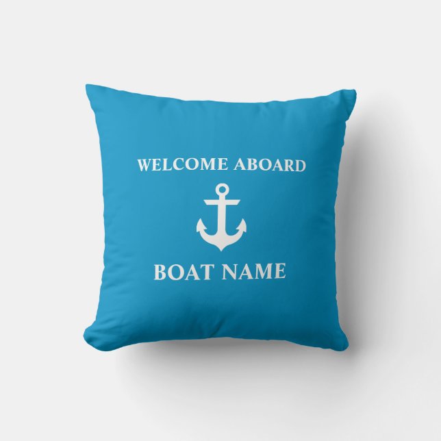 Nautical Welcome Aboard Boat Name Malibu Blue Cushion (Front)