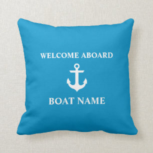 Nautical Welcome Aboard Boat Name Malibu Blue Cushion