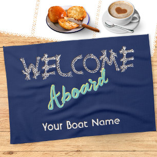 Nautical Welcome Aboard Boat Name Navy Blue Tea Towel
