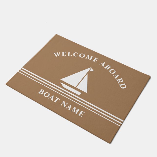 Nautical Welcome Aboard Boating Khaki Name Doormat (Angled)