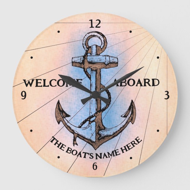 Nautical Welcome Aboard Boat's Name Old Anchor  Large Clock (Front)