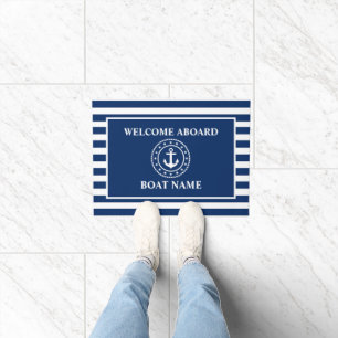 Nautical Welcome Anchor Rope Stars Blue Striped Doormat