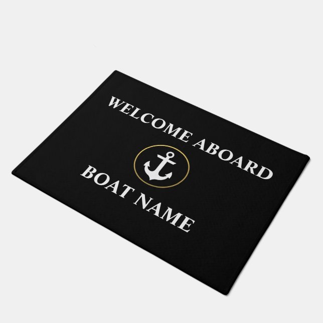Nautical Welcome Boat Name Black Gold Door Mat (Angled)