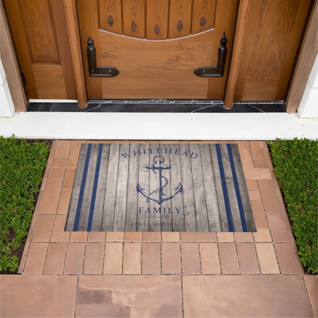 Nautical Welcome Family Name Anchor Beige Wood Doormat (Outdoor)
