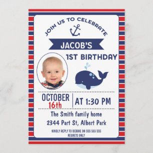 Nautical Whale 1st Birthday Party Invitation