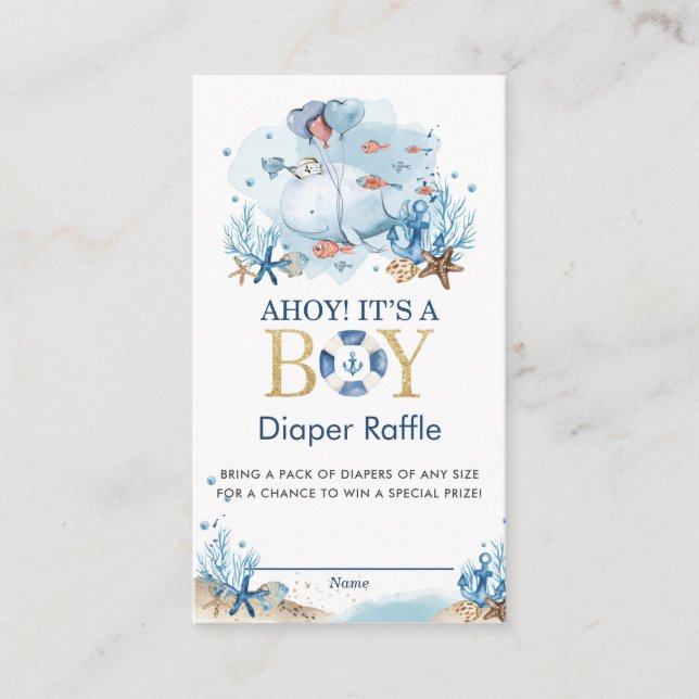 Nautical Whale Ahoy It's a Boy Diaper Raffle Enclosure Card (Front)