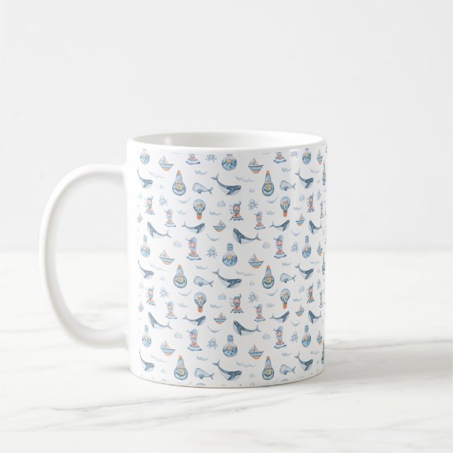 Nautical Whale and Lightbulb Watercolor Coffee Mug (Left)