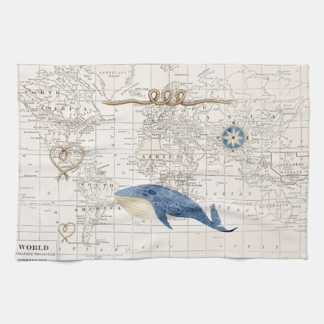 Nautical whale and world map tea towel (Horizontal)