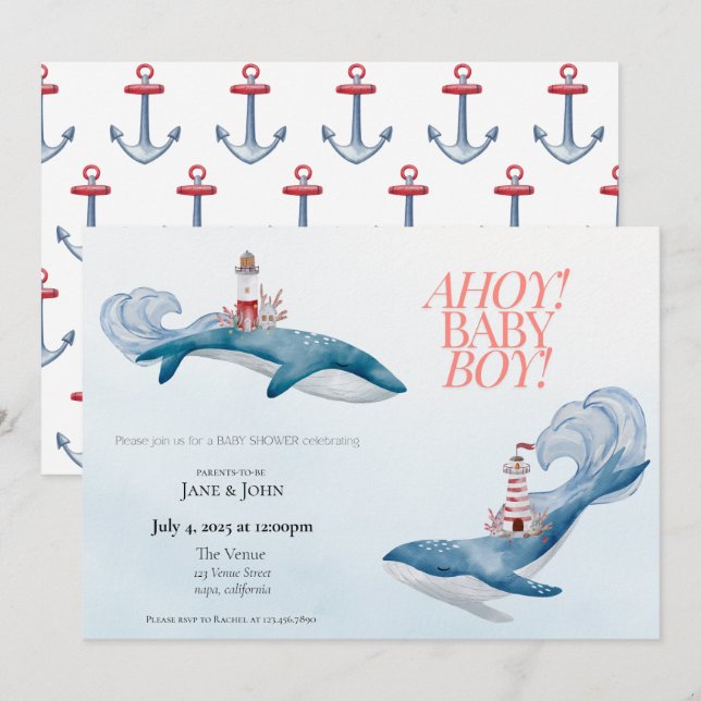 Nautical Whale Baby Shower Invitation (Front/Back)