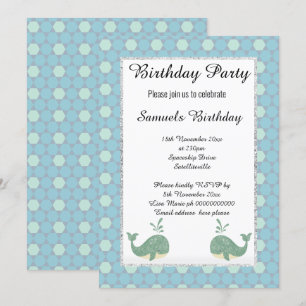 Nautical Whale Blue White Green Hexagon Birthday Invitation