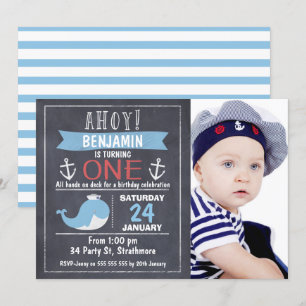 Nautical Whale Chalkboard 1st Birthday Invitation