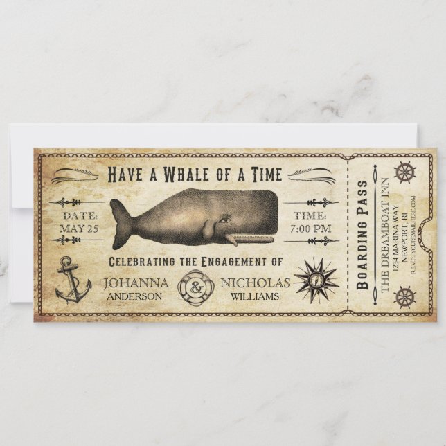 Nautical Whale Engagement Party Ticket Invitation (Front)