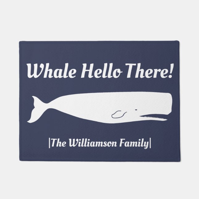 Nautical Whale Hello There Navy - Personalised Doormat (Front)