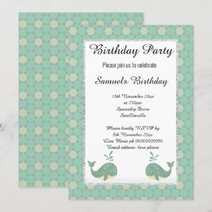 Nautical Whale Sage White Green Hexagon Birthday Invitation