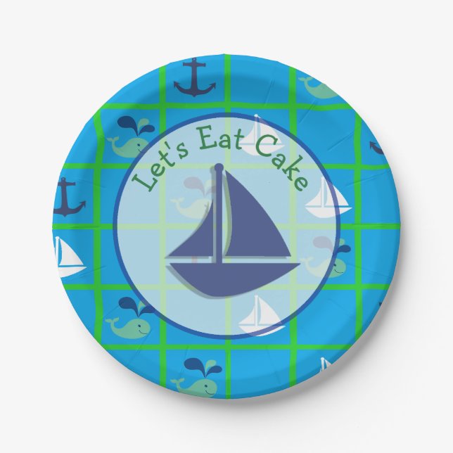 Nautical Whale, Sailboat, Anchor Blue Green Plates (Front)