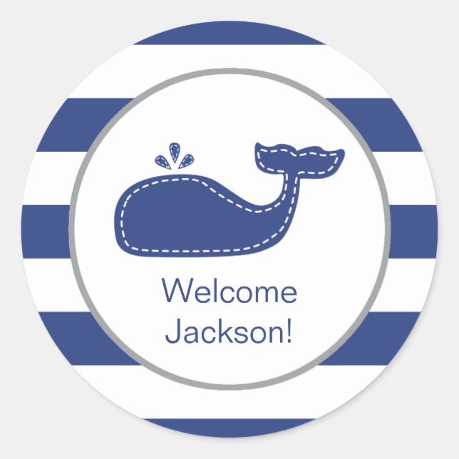 Nautical Whale Sticker, Preppy Navy Rugby Stripes Classic Round Sticker (Front)