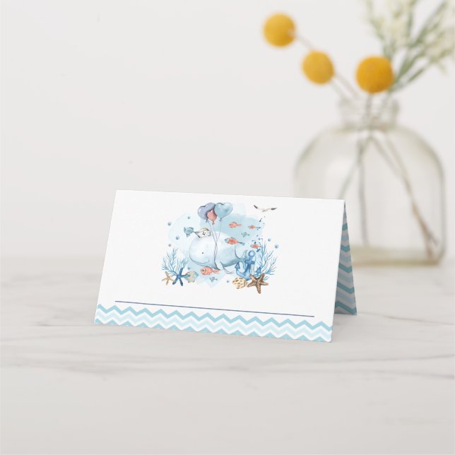 Nautical Whale Under the Sea Blue Boy Baby Shower Place Card (Front)