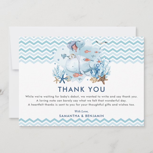 Nautical Whale Under the Sea Blue Boy Baby Shower  Thank You Card (Front)