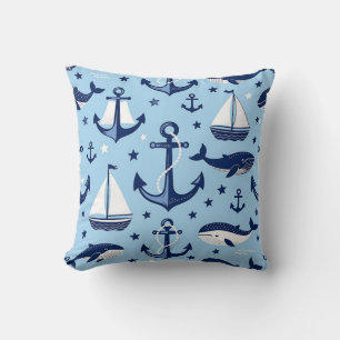 Nautical Whales Anchors Sailboats Pattern Cushion