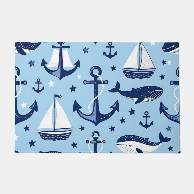 Nautical Whales Anchors Sailboats Pattern Doormat (Front)